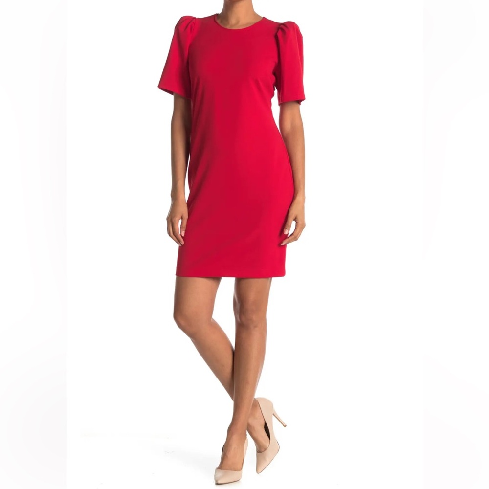 NWT Sharagano Red Sheath Puff Sleeve Dress Size 10